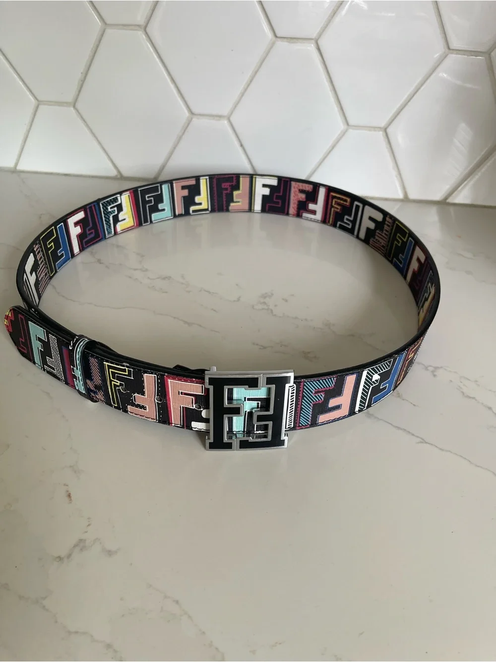 Fendi Black Leather Belt with Multicolor FF Logo and Silver Double F Buckle